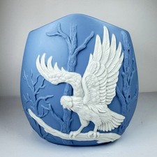 Vintage Blue Jasperware Bald Eagle Relief Vase Anchor Makers Mark Japan MCM picture