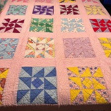 Vtg Hand Quilted Patchwork Star Quilt Pink Multi Color 80x88 Blanket FLAW CUTTER picture