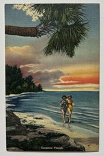 Carefree Florida Beach Sunset Palm Tree Swimsuits Linen Postcard B6 picture