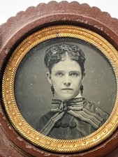 1860s Oreo Union Case Krainik 742 Thermoplastic Tintype Young Woman Bow Earrings picture