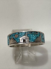 Vintage Navajo Sterling Silver Turquoise Chip Inlay Hogan Ring Size 10 picture