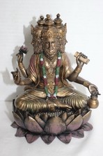 Pacific Giftware Brahma Four Face Cold Cast Bronze Hindu God Lotus Statue 10” picture
