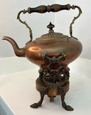 Vintage Copper Tea Kettle w/ Lid & Ornate Warming Stand Burner, Round picture