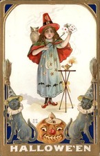 Halloween witch and black cats NASH H15 Embossed c1910 EXC COND Postcard bhn picture