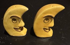 VINTAGE YELLOW CRESCENT MOON FACE CERAMIC SALT & PEPPER SHAKERS – MATCHING PAIR picture
