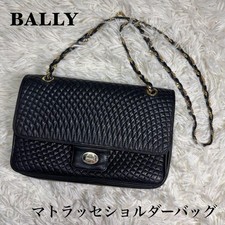 BALLY Vintage Quilted Leather Chain Shoulder Bag Black Gold Matelasse picture
