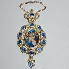 Religious Christmas Ornament Virgin Mary Jesus Rhinestone Blue Gold Tone Crown picture