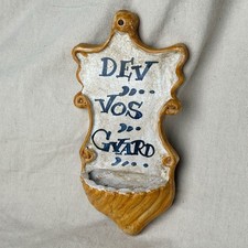 Antique French Faience Holy Water Font Benitier Dieu Vous Garde Folk Art 1800s picture