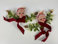 2x Vintage Christmas Pixies Holding Mistletoe Arm In Arm Ornament 50's picture
