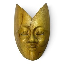 Vintage Hand Carved Wooden Mask Serene Face Indonesia Wall Art Decor picture