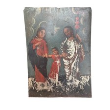Antique Mexican Retablo Tin Painting Holy Family Religious Folk Art Devotional picture