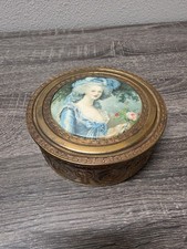 Antique French Bronze Ormolu - Enamel Portrait Powder Box - Mirror Lid picture