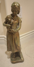 Bronze-Patina Girl & Cat Figurine, 