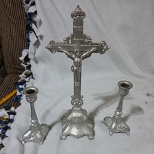 Vintage Catholic Altar Set - Standing Crucifix Cross & candle sticks painted picture