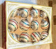 VTG 12 IN BOX Mercury Glass Shiny Brite Christmas Ornaments Red/Green Stripe~EUC picture