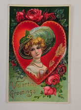 Postcard Victorian Valentine Greetings heart lady in feathered hat SEE picture