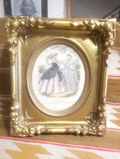 FANTASTIC VICTORIAN GOLD LEAF PLASTER PICTURE FRAME w ORIG. FRENCH FASHION PRINT picture