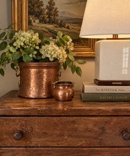 Pair Of Vintage Hammered Copper Cachepot / Planter with Brass Snake Handles picture
