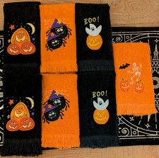 7 Fun Vtg Halloween Fingertip Towels Satin Appliques, Ghosts, Pumpkins, Spiders  picture