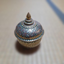 Thai Benjarong Pottery with Lid Hand-painted Gold Decoration Collectible picture