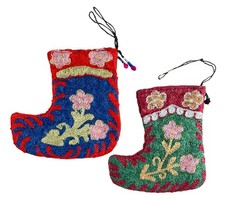 S/2 Vintage Handmade Needlepoint Christmas Mini Stockings Made in Uzbekistan picture