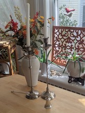 Pewter Plated Brass Candlesticks w/ Silver Snuffer picture