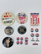 Vintage 1960 JFK Kennedy Johnson 18 Campaign Buttons Pins Playing Cards Lot picture