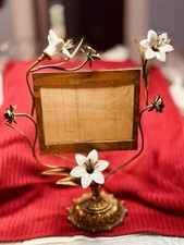 Vtg French Toleware Altar Style Picture Frame - Porcelain Flowers & Gilded Brass picture