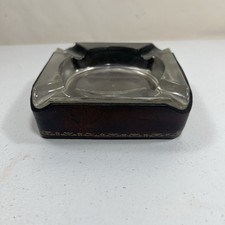 Vintage Made In Italy Leather Wrapped Glass Ashtray 4.5” MCM Cigar Cigarette Bar picture
