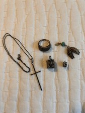 925 Sterling ~ Lot of Wish Box (prayer box) & Fish Charms, Cross Necklace, Ring picture