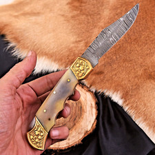 CUSTOM MADE FORGED DAMASCUS STEEL FOLDING BLADE POCKET KNIFE CAMPING 1528 picture