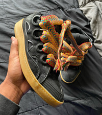 Other Men’s Black Faux Suede Sneakers 12.5 Multicolor Chevron Laces Gum Sole picture