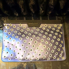 Jimmy Choo Black Zip Clutch Pouch Star Pattern Studded Accents Black Hardware picture