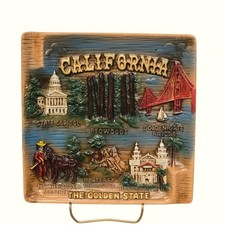Vintage California Souvenir Wall Plaque Japan 3D Golden Gate Redwood Relief 1950 picture