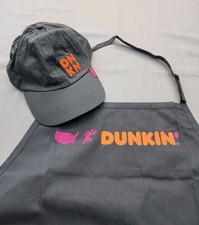New Without Tags Set Dunkin Donuts Uniform Gray Apron S/M +Adult Hat Halloween picture
