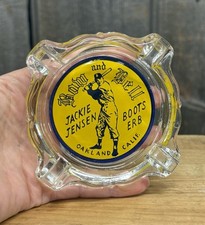 Vintage 50s Bow and Bell Restaurant Advertising Glass Ashtray W/ Baseball Player picture