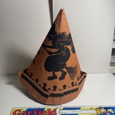 Antique Halloween German Black Cat And Witch Orange Party Hat Circa 1910-20 Good picture