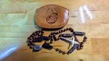 lourdes water, wooden rosary beads, with case picture