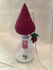 Strawberry Pincushion Emery Make Do Porcelain Base With Rose & Buds 11” Tall picture