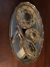 Vintage Ornate Gold-Tone rare Vanity Set w/ Hand Mirror, Brush, Comb & Oval Tray picture