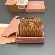 Miu Miu 5MV017 Caramel Brown Matelasse Leather Bifold Wallet Gold Logo Zip Purse picture