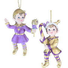 Purple & Gold Elf Ornaments Set 2 Royal Noel Kurt Adler Resin Pixie Jester 4In picture