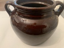 VTG Stoneware Bean Pot With Handles and Lid Brown Glaze USA 6” D picture