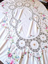 VTG Hand Embroidered Rose Cross Stitch Crochet Insert Lace Work Tablecloth 76x62 picture