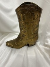 Vintage Brass Cowboy Boot Vase Western Planter Etched 6.5
