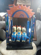 Rare Folk Art Cats, Wooden, Hand Carved and Painted, On the Swing, 10