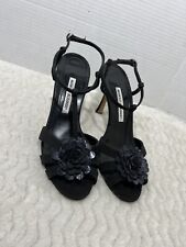 Manolo Blahnik Women’s 38.5 US 8 Black Floral Applique T Strap Stiletto Heels picture