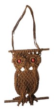 Vintage 1970's Boho Macrame Jute Bead Owl Wall Hanging Decor Folk Art picture