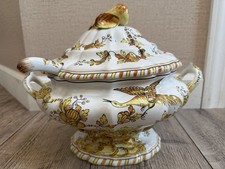 Vintage Italian Majolica Soup Tureen Pear Finial Bird Hand Painted w Ladle picture